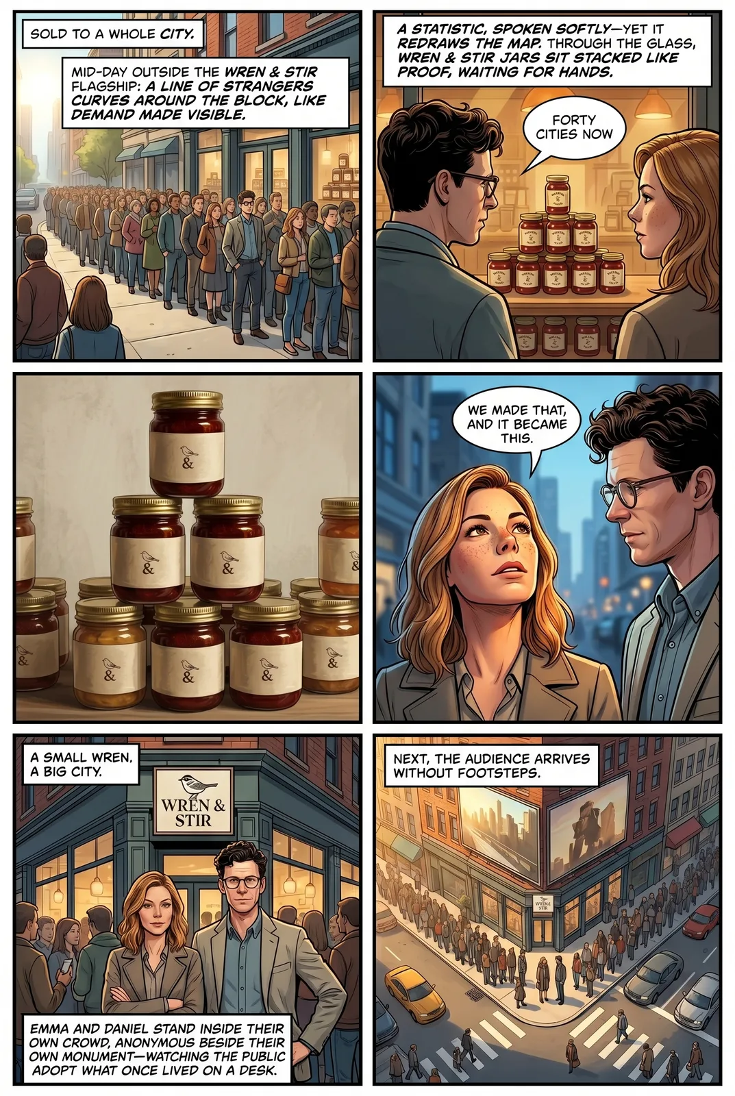 A brand story rendered as a cinematic comic page, with the brand logo and product woven into the panels
